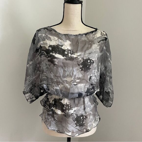 Gibson Abstract Black Sheer Peplum Blouse‎ size XS Watercolor Lightweight Top - Picture 1 of 12